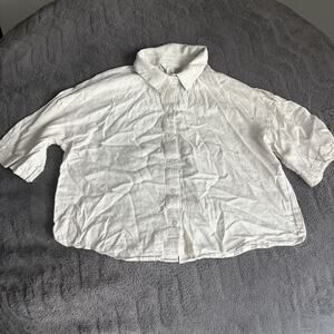 H&M Women's Linen Blend Button Down Shirt Short Sleeve Coastal White Size L